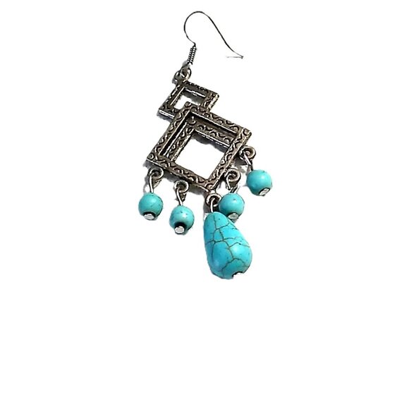 Turquoise Antique Silver Dangle Earrings 2.25" Drop - Picture 6 of 14